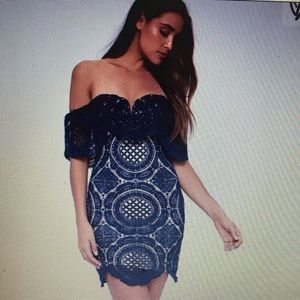 Navy blue lace off the shoulder dress